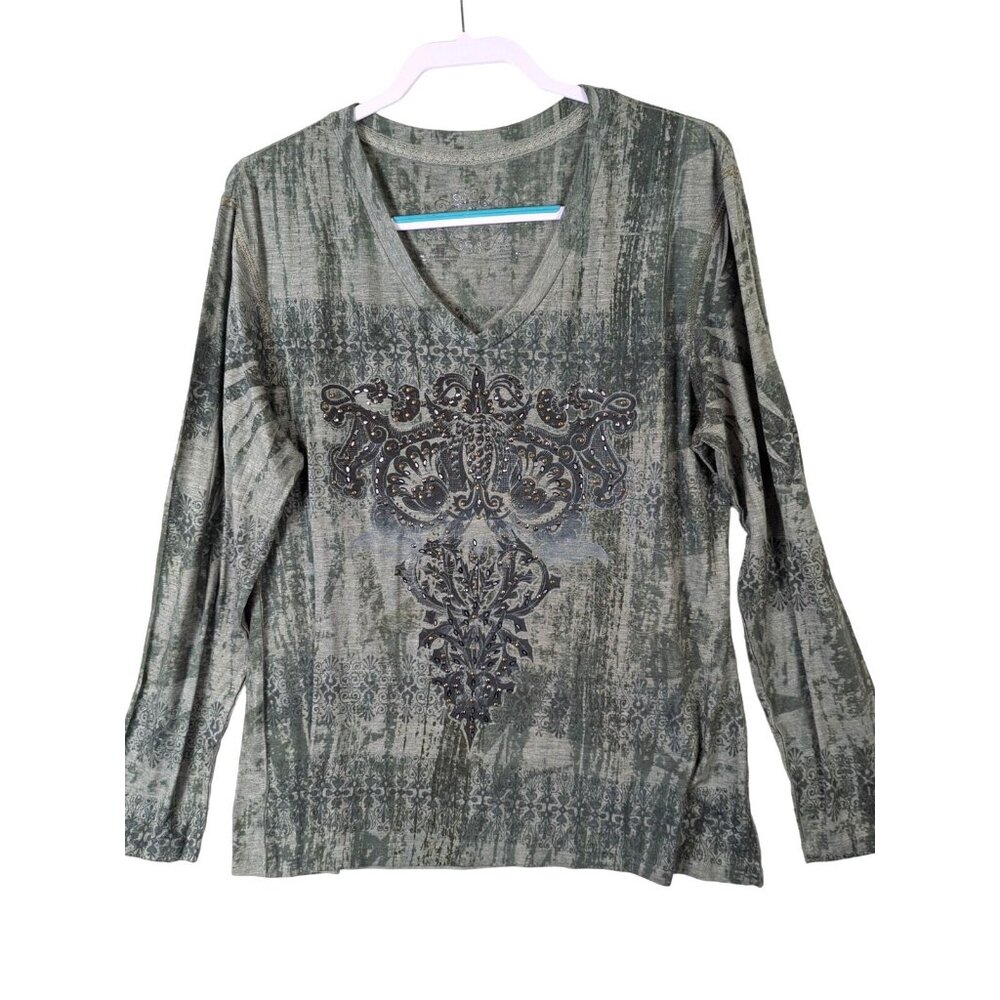 Greensource Women size 2XL Green T Shirt Studded Top Y2K Hippie Rhinestone Fun